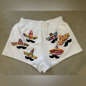 QoS Cinco de Mayo Colorful Sombrero and Mustache Sequin Embroidered Shorts